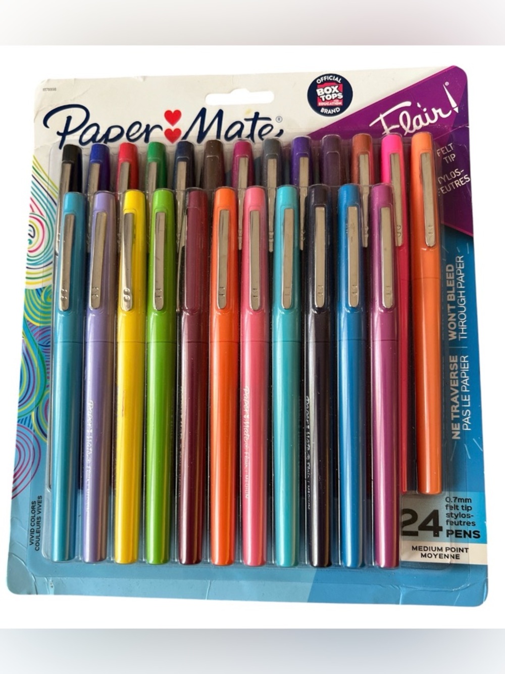 Paper Mate Flair Felt Tip Pens, Medium Point .7 mm - 24 Assorted Colors - NEW